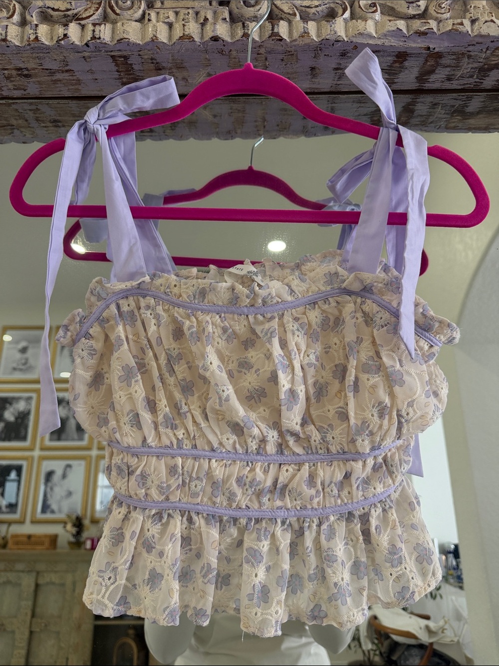 Altar'd State Cream & Lilac Floral Tie-Shoulder Ruffle Camisole